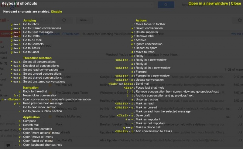 Gmail Keyboard Shortcuts Menu